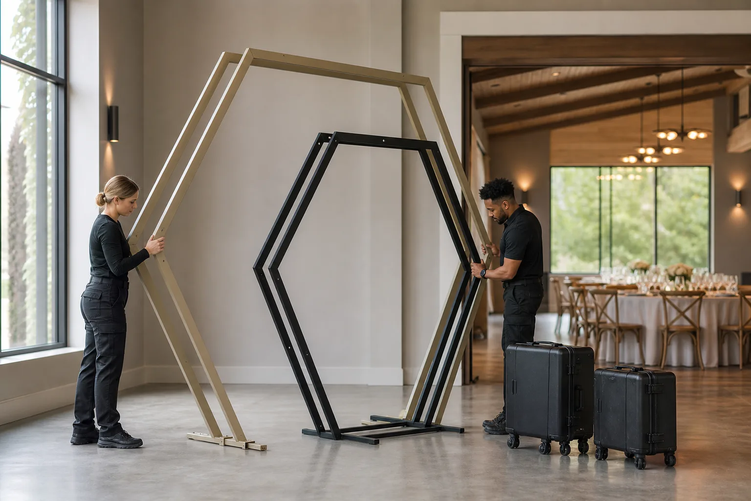 Venue staff checking a sand-beige outer frame and matte-black nested frame beside wheeled cases