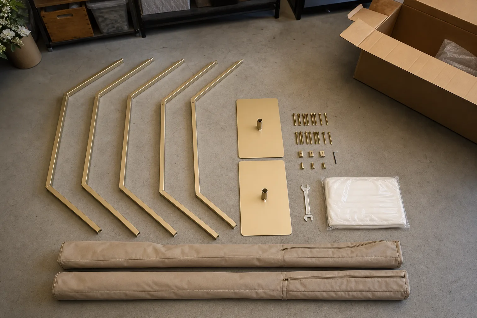 Disassembled arch sections, base plates and hardware arranged for packing