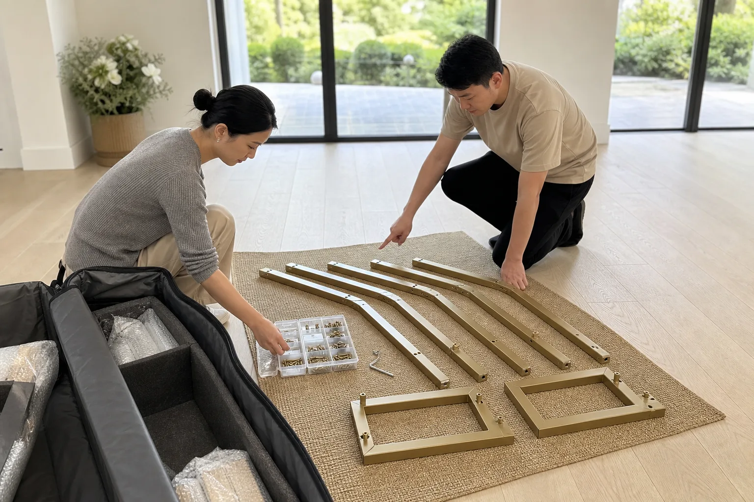 Two installers laying out wedding arch sections, base plates and hardware before assembly