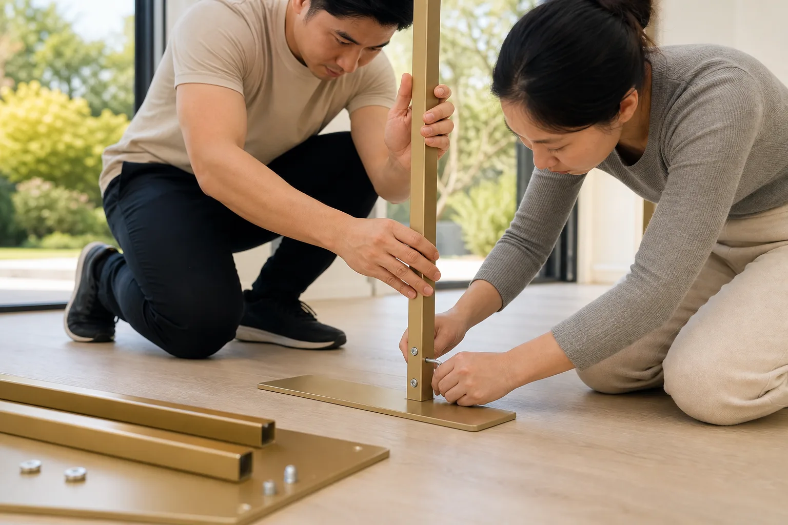 Installers fastening a champagne-gold arch upright to a rectangular base plate