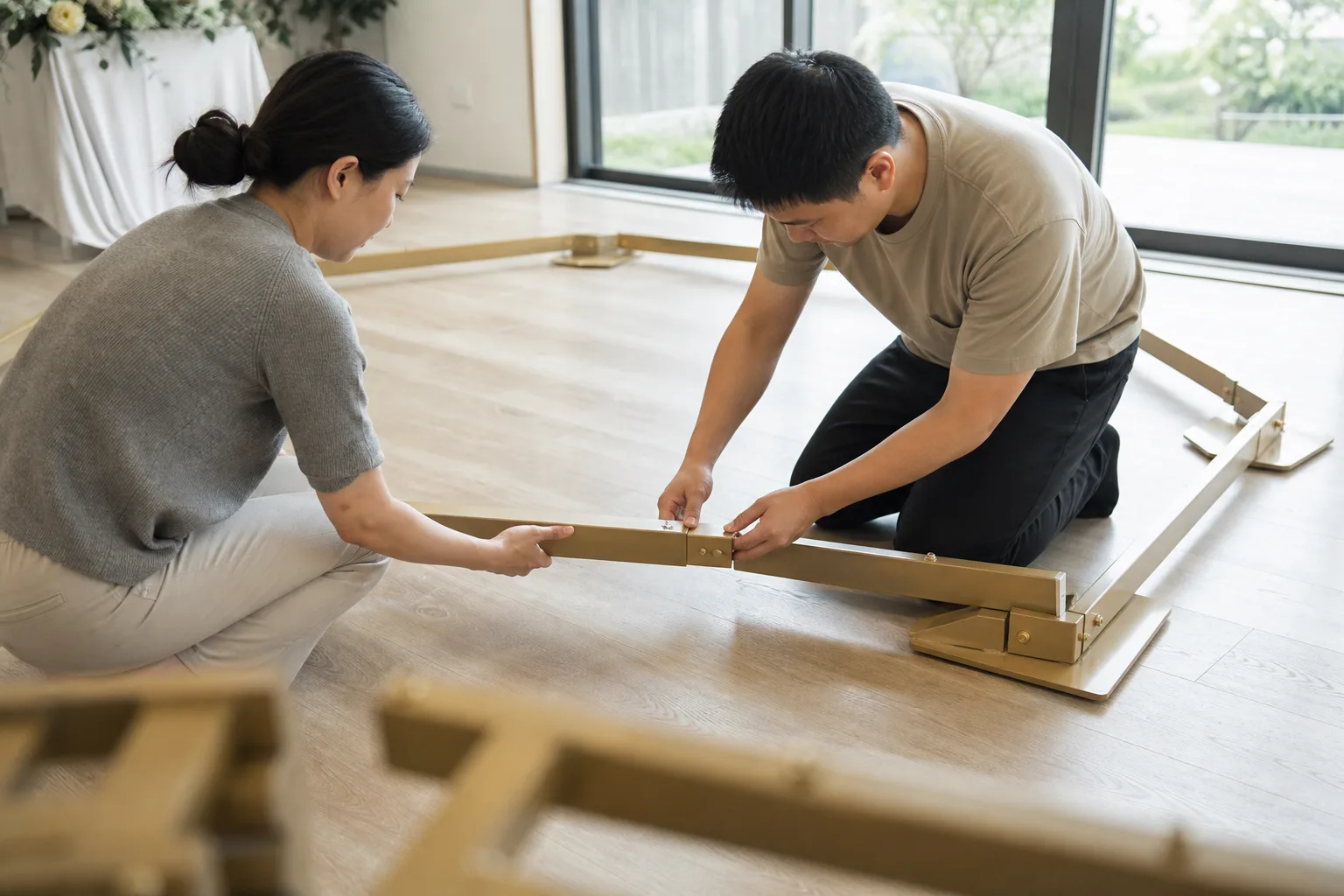 Two installers connecting lower gold arch sections while the frame lies flat