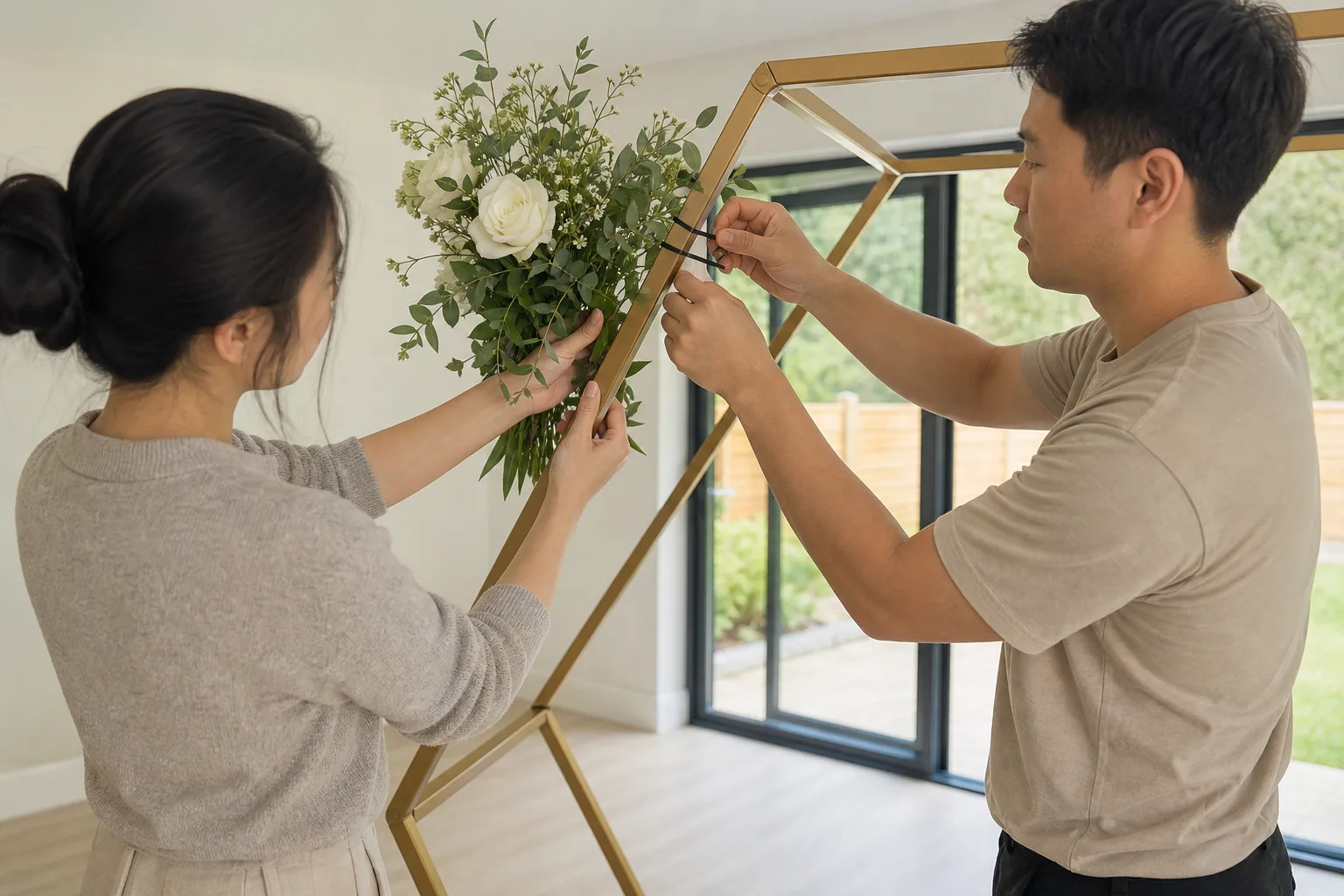 Installers securing a small white floral cluster to a reinforced arch corner