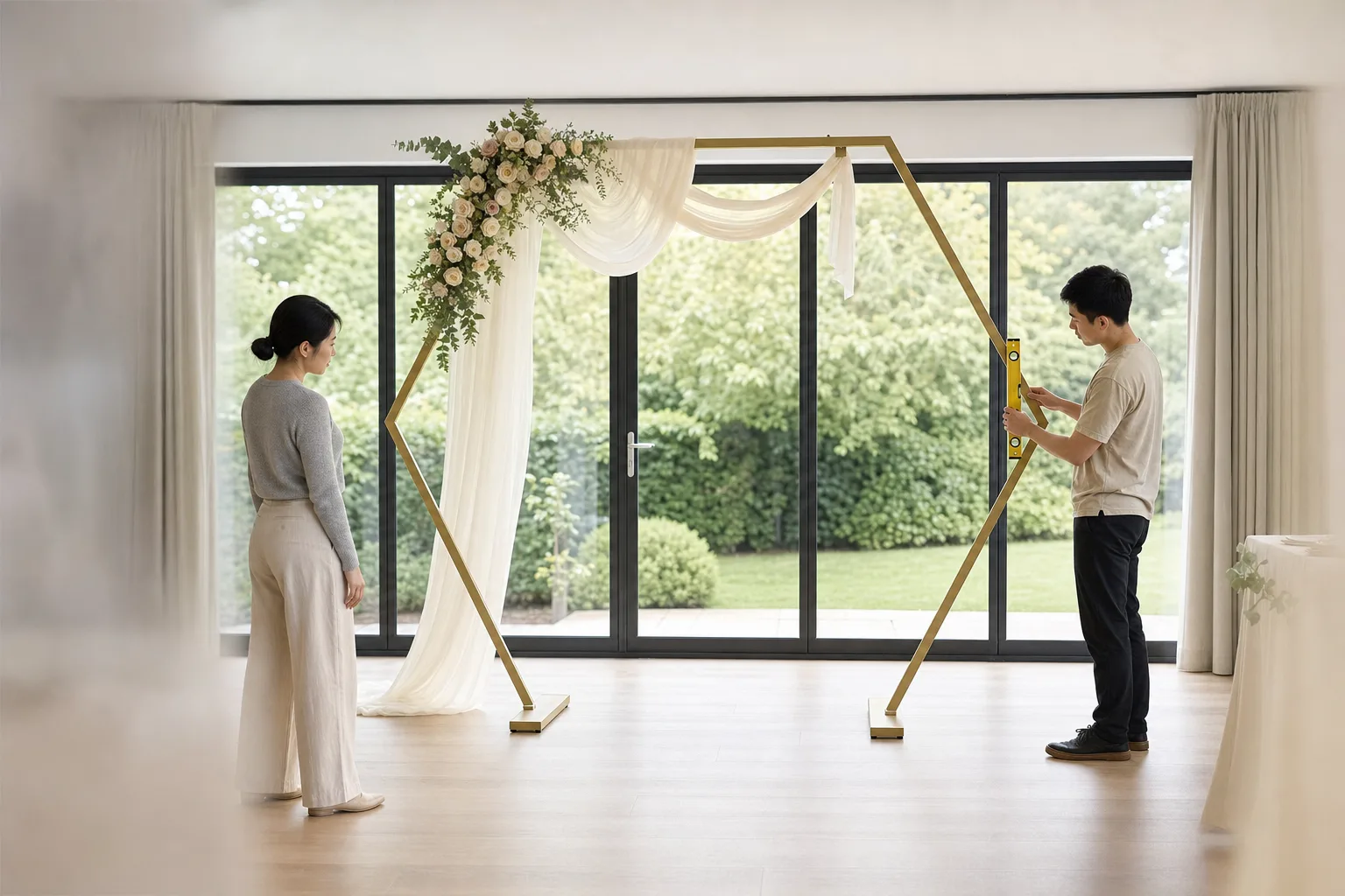 Two installers checking the final alignment and stability of a decorated wedding arch